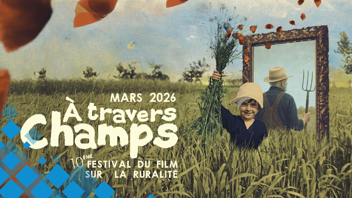 Visuel du festival qui représente un enfant dans un champ. Un miroir renvoit l'image d'un agriculteur âgé. L'image est vintage.